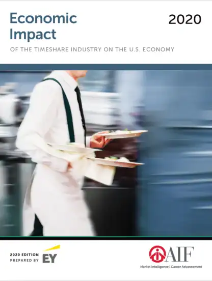 A person in a white shirt and apron carries three plates of food. Text reads "Economic Impact 2020: Of the Timeshare Industry on the U.S. Economy." EY and AIF logos are visible.