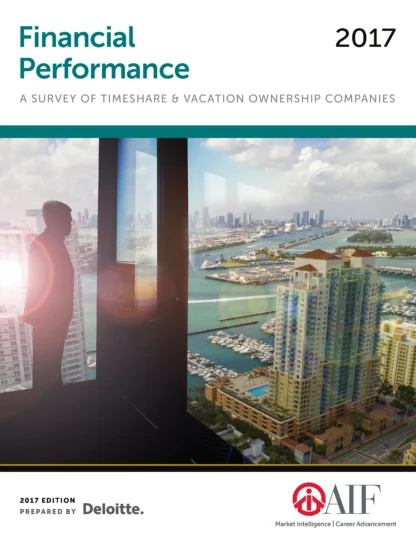Cover of a report titled "Financial Performance 2017: A Survey of Timeshare & Vacation Ownership Companies" featuring a city and marina view from a window. Prepared by Deloitte for ARDA International Foundation.