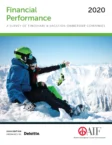 Two people in winter gear sit on a snowy mountain peak, with a snowboard beside them. Snow-covered mountains are in the background. Text above reads "Financial Performance 2020.