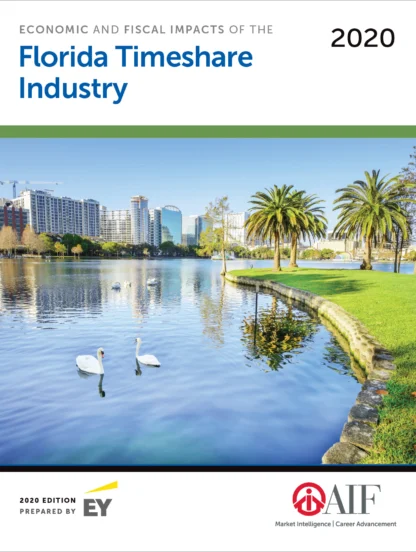 Cover of the "Florida Timeshare Industry 2020" report, featuring a lakeside view with swans, palm trees, and city buildings in the background.