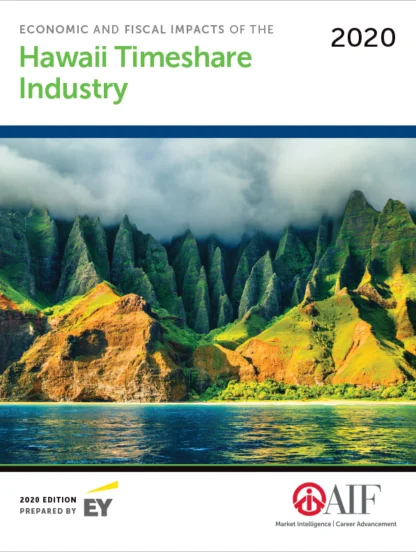 Cover of the 2020 Hawaii Timeshare Industry report by AIF and EY, featuring a scenic view of lush green cliffs under a cloudy sky.
