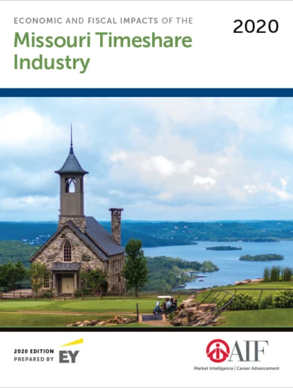 Cover of a report titled "Economic and Fiscal Impacts of the Missouri Timeshare Industry 2020" with a scenic view of a lake and church. Prepared by EY for ARDA International Foundation.