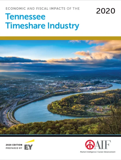 Cover of a report titled "Economic and Fiscal Impacts of the Tennessee Timeshare Industry 2020" by EY and AIF, featuring an aerial view of a river winding through a landscape with hills.