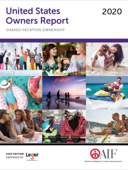 A collage of vacation images, including people skiing, dining, relaxing on the beach, horseback riding, and jet skiing. Cover of the 2020 United States Shared Vacation Ownership report.