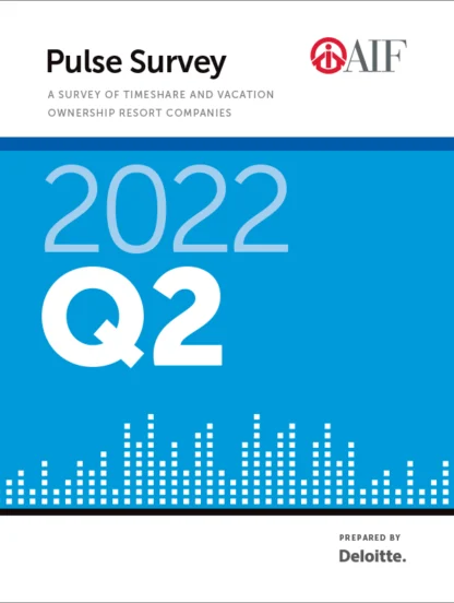 Cover of a report titled "Pulse Survey 2022 Q2," prepared by Deloitte for AI-F, on timeshare and vacation ownership resort companies.