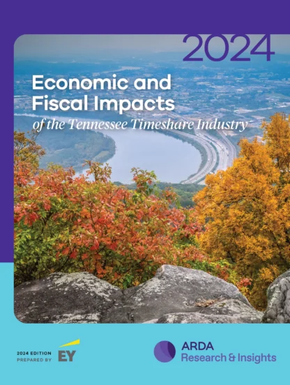 Cover of a report titled "2024 Economic and Fiscal Impacts of the Tennessee Timeshare Industry," featuring a scenic view of a river, rocky cliffs, and autumn foliage.
