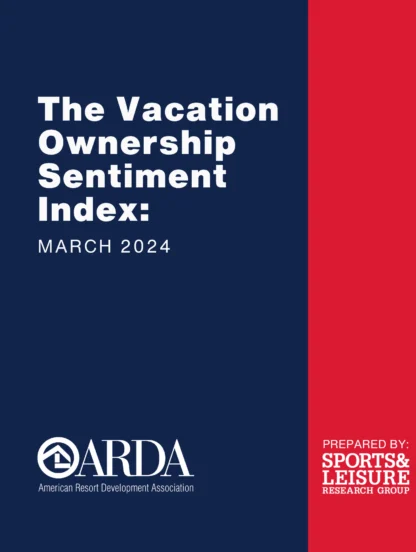 Cover page of "The Vacation Ownership Sentiment Index: March 2024" by ARDA and Sports & Leisure Research Group, featuring a navy and red color scheme.