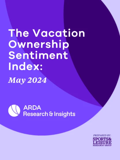 Cover of "The Vacation Ownership Sentiment Index: May 2024" by ARDA Research & Insights, prepared by Sports & Leisure Research Group, featuring a purple abstract design.