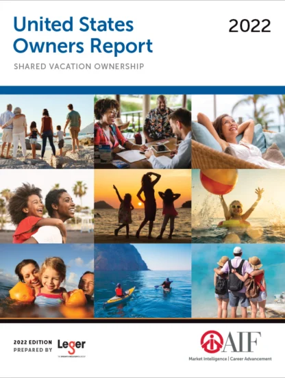 Cover of the 2022 United States Owners Report: Shared Vacation Ownership; features various leisure activities and diverse individuals enjoying vacations.