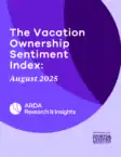 Cover page of the "Vacation Ownership Sentiment Index: August 2025" report by ARDA Research & Insights, prepared by Sports & Leisure Research Group, with a purple geometric background.