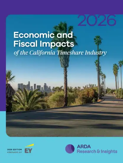 Cover of a report titled “2026 Economic and Fiscal Impacts of the California Timeshare Industry,” featuring palm trees, a road, and the Los Angeles skyline in the background.