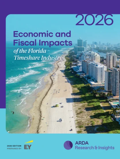 Aerial view of a Florida beach with high-rise buildings, featured on the 2026 Economic and Fiscal Impacts of the Florida Timeshare Industry report cover.