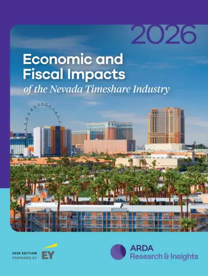 Cover of the 2026 report on economic and fiscal impacts of the Nevada timeshare industry, featuring a Las Vegas cityscape and ARDA Research & Insights branding.