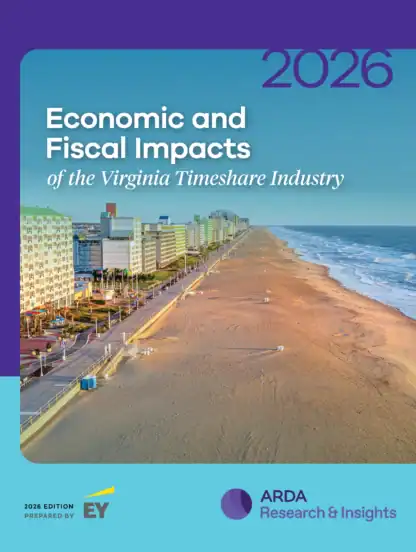 Cover of the “2026 Economic and Fiscal Impacts of the Virginia Timeshare Industry” report, featuring a beachfront cityscape and branding from EY and ARDA Research & Insights.
