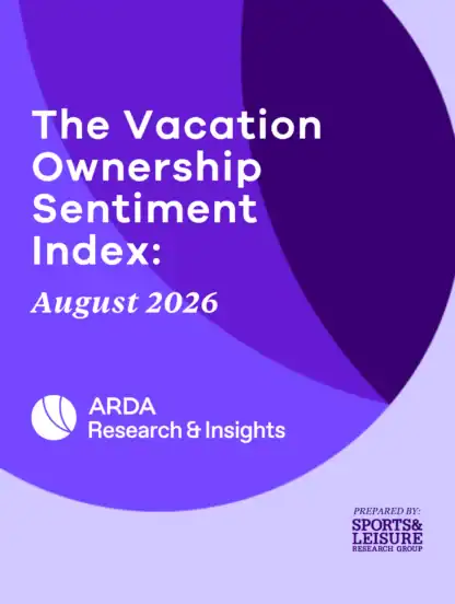 Cover page titled “The Vacation Ownership Sentiment Index: August 2026” by ARDA Research & Insights; prepared by Sports & Leisure Research Group with abstract purple graphic background.