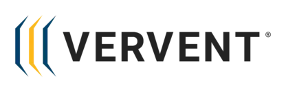 Vervent logo with three blue and yellow angled lines on the left, followed by the word “VERVENT” in bold black capital letters on a light gray background.