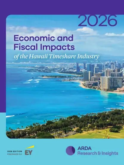 Report cover titled “2026 Economic and Fiscal Impacts of the Hawaii Timeshare Industry,” featuring an aerial view of Honolulu, prepared by EY for ARDA Research & Insights.